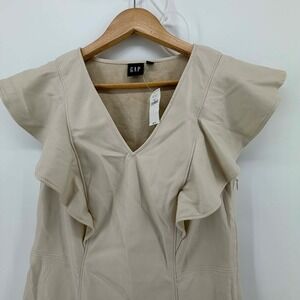 GAP‎ Women Faux Leather Ruffle V Neck Sleeveless Dress Beige Size 6